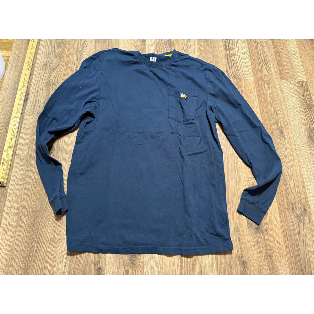 CAT Pocket T-Shirt Mens Medium Navy Blue Adult Long Sleeve Workwear Cotton